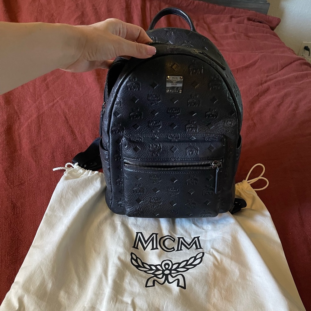 Mcm black monogram mini backpack